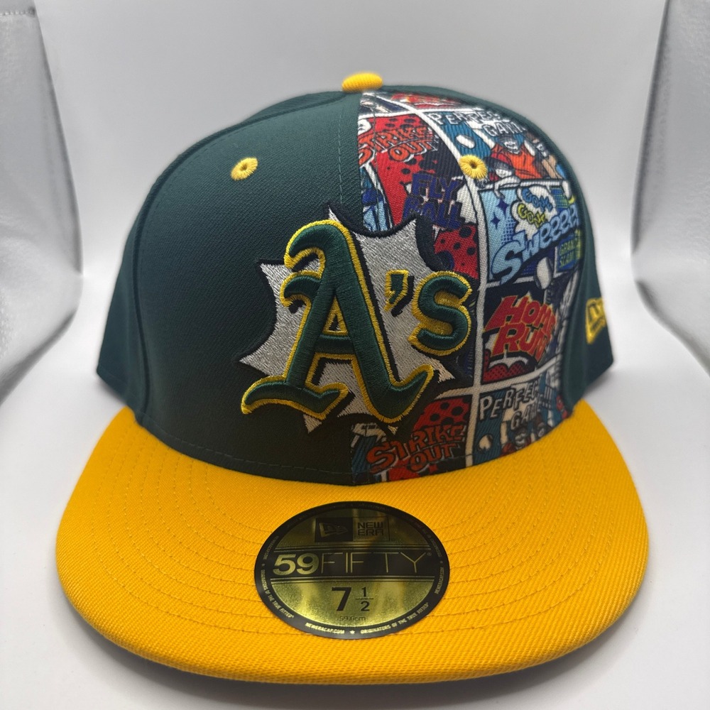 New Era 59FIFTY Oakland Athletics Comic Book Panel Fitted Hat 7 1/2 Green Gold